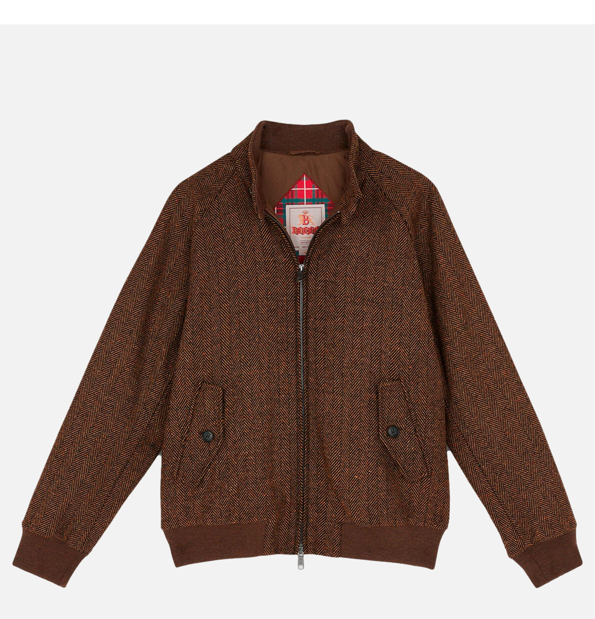 Baracuta G9 Harrington Jacket in Herringbone Wool Bark.
