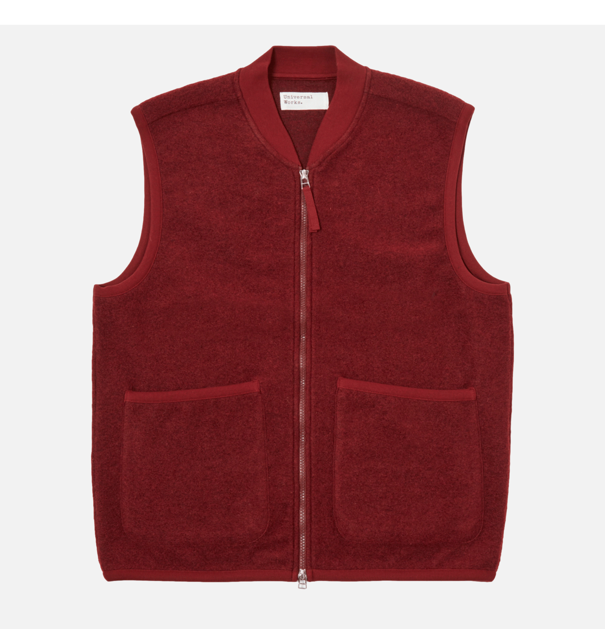 Universal Works Zip Waistcoat Wool Deep Red sleeveless jacket