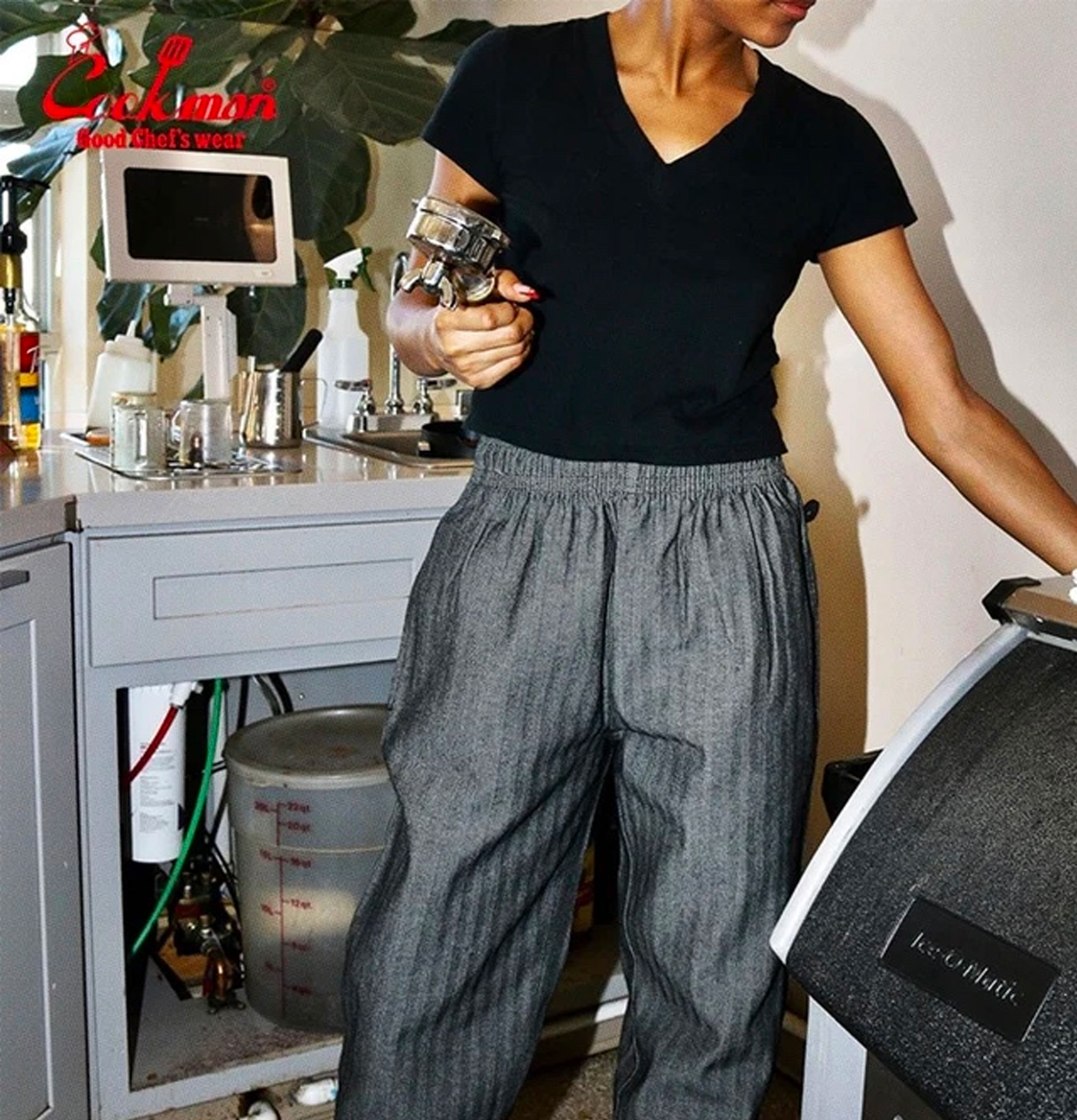 Cookman Chef Pants Semiwide Herringbone Denim Noir
