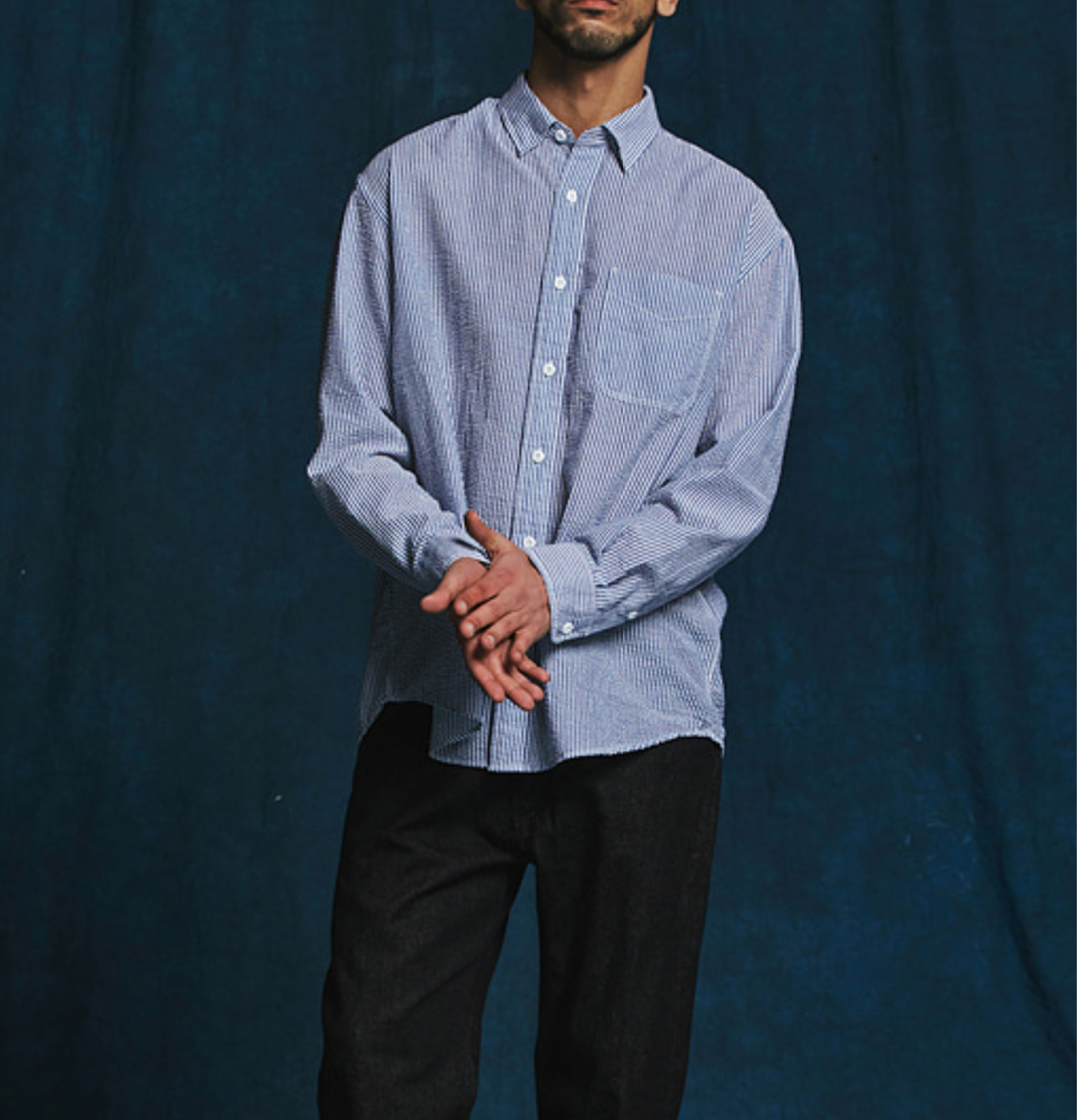 Frizmworks Og Stripe Seersucker Half Shirt in Blue