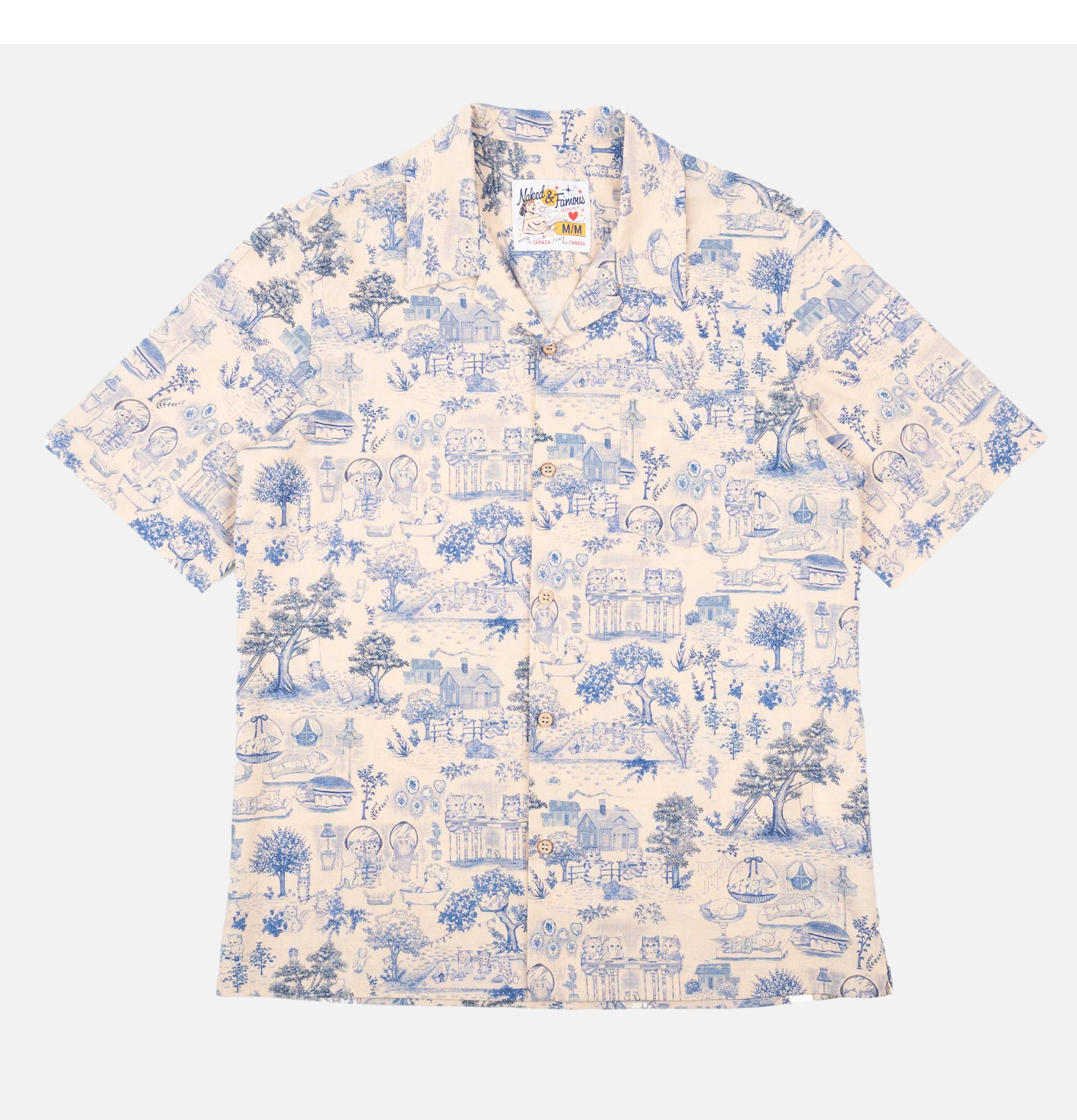 Naked & Famous Aloha Shirt Linen Cats Blue