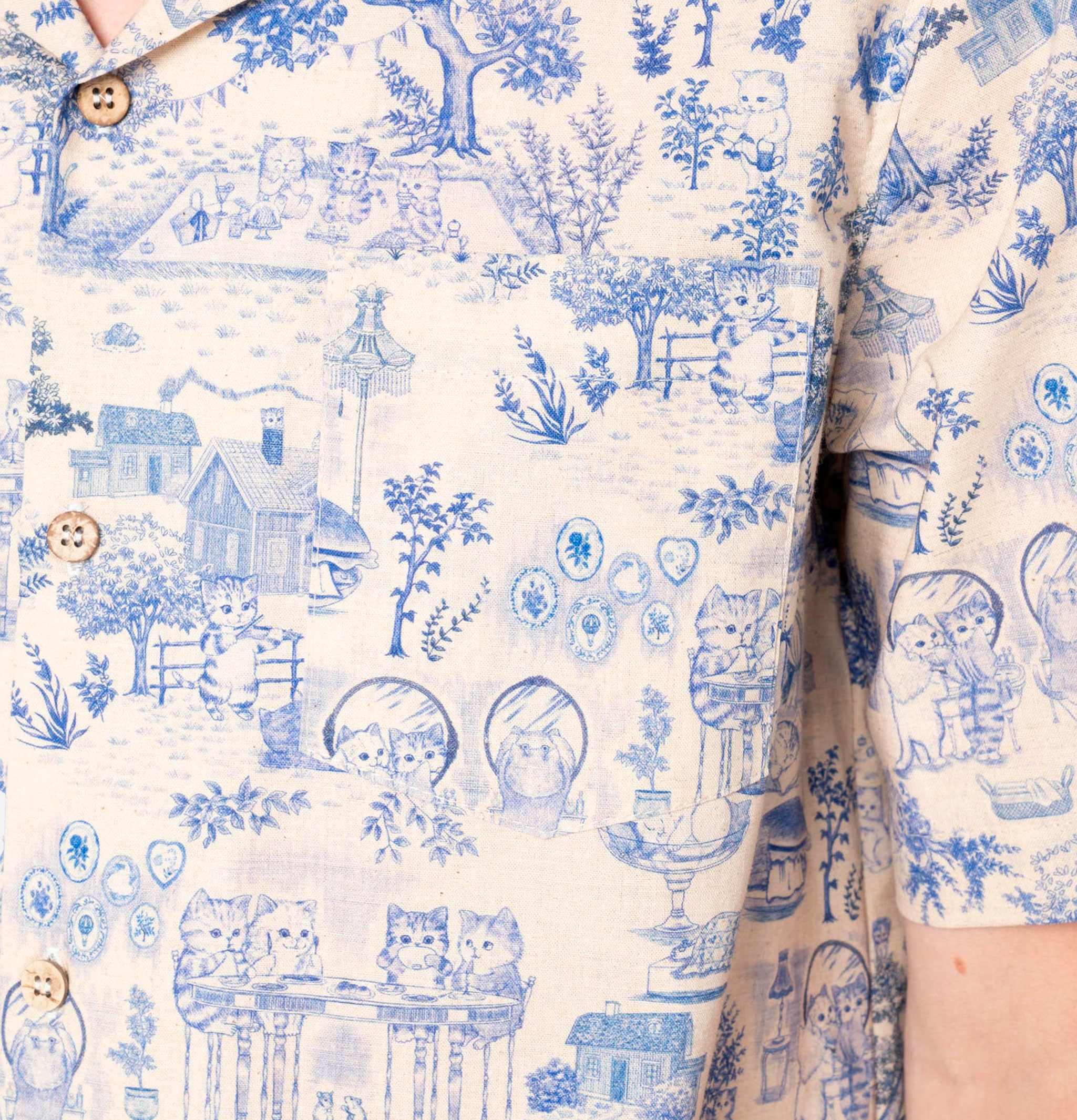 Naked & Famous Aloha Shirt Linen Cats Blue