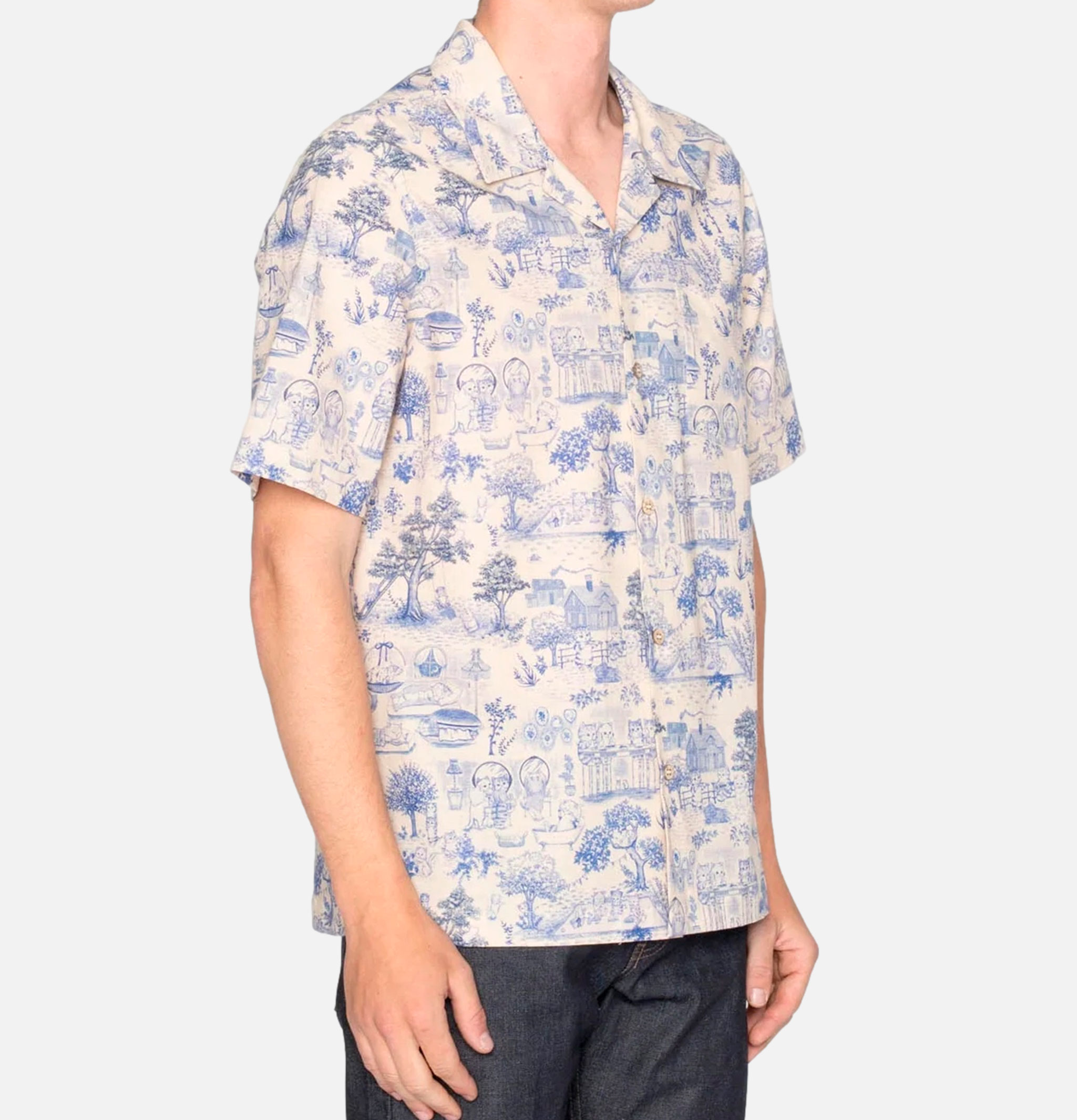 Naked & Famous Aloha Shirt Linen Cats Blue