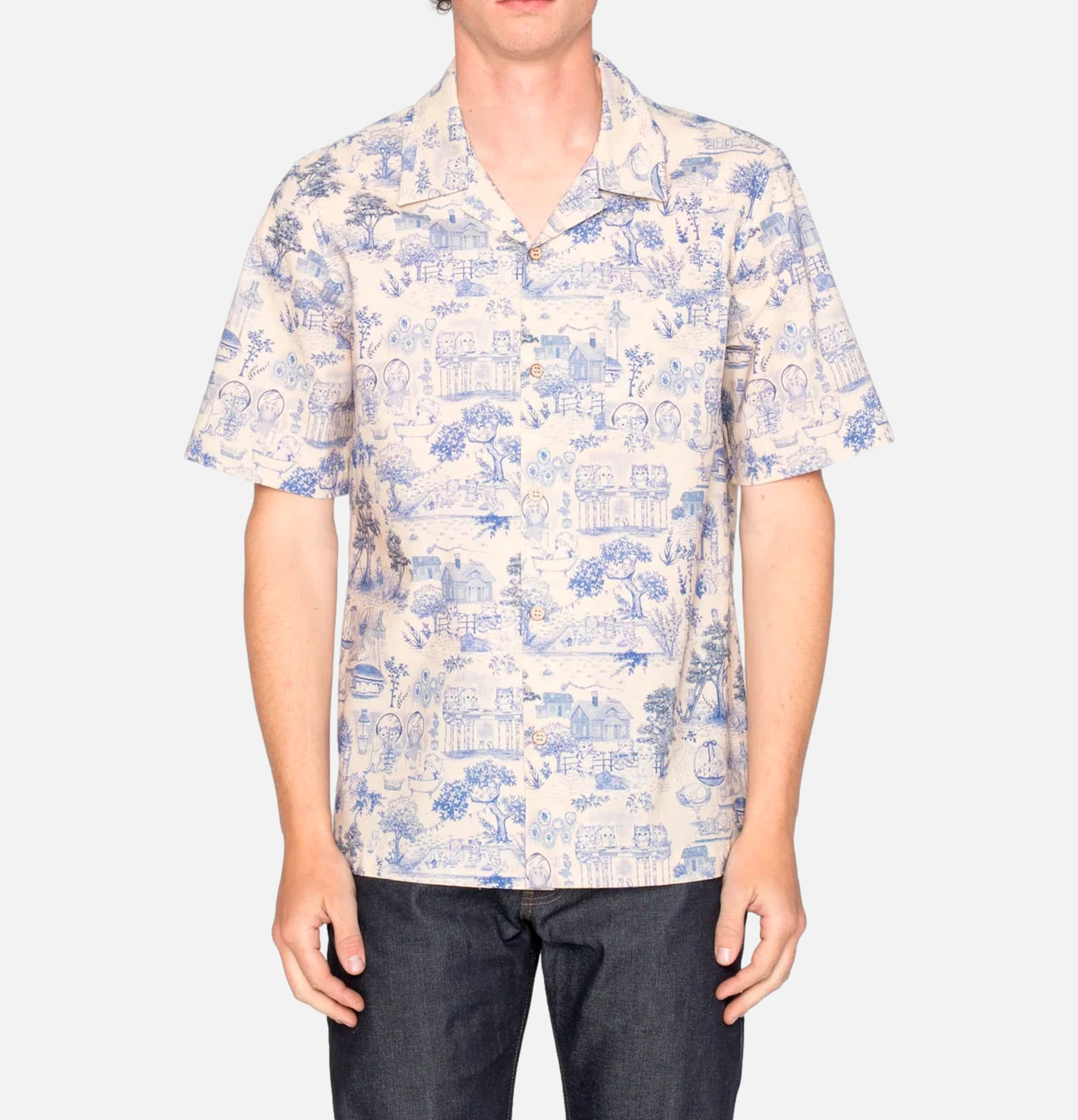 Naked & Famous Aloha Shirt Linen Cats Blue