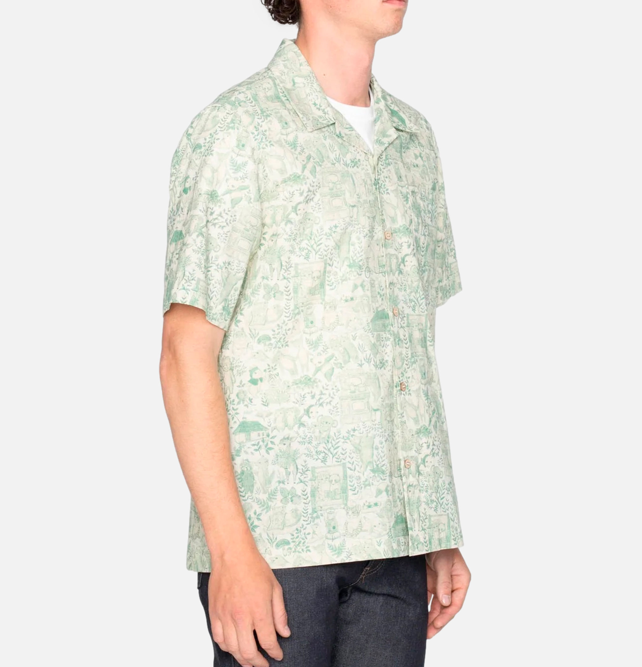 Naked & Famous Aloha Shirt Linen Animals Green