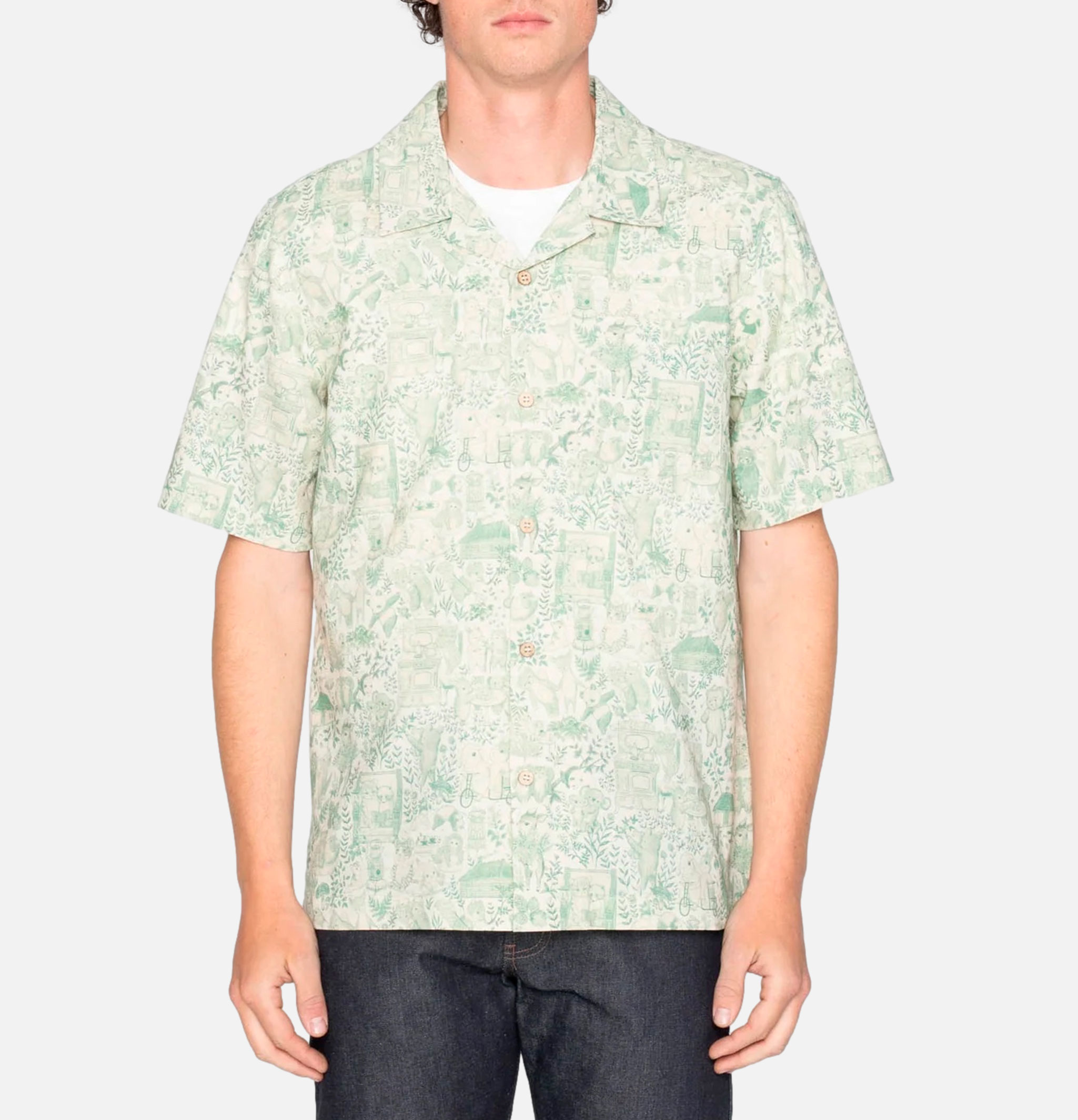 Naked & Famous Aloha Shirt Linen Animals Green
