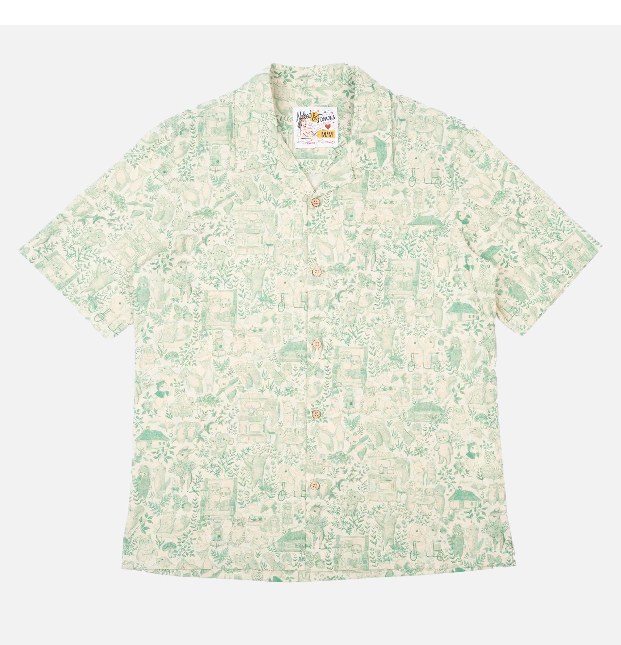 Naked & Famous Aloha Shirt Linen Animals Green