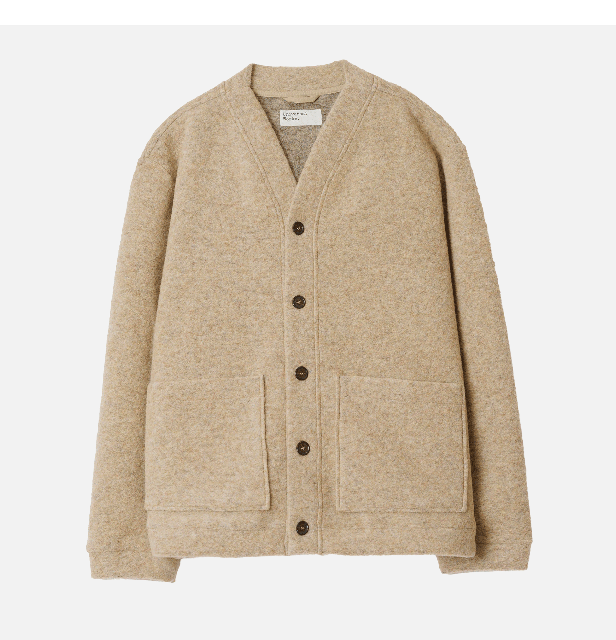 Universal Works Advance Wool Fleece Cardigan in Fawn