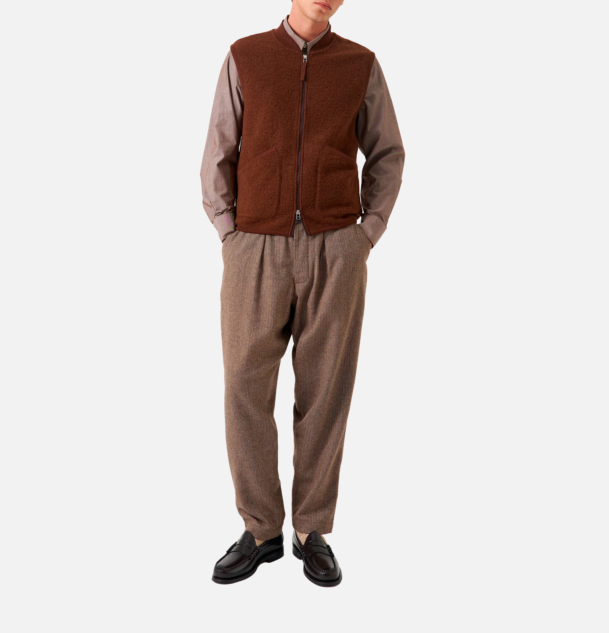 Universal Works Gilet Zip Laine Cacao